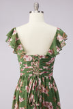 Floral A Line Slit Green Wedding Guest Dress with Ruffle Sleeves