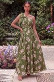 One Shoulder Sage Flower Wedding Guest Dress with Bow