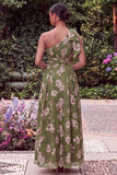 One Shoulder Sage Flower Wedding Guest Dress with Bow