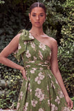 One Shoulder Sage Flower Wedding Guest Dress with Bow
