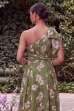 One Shoulder Sage Flower Wedding Guest Dress with Bow
