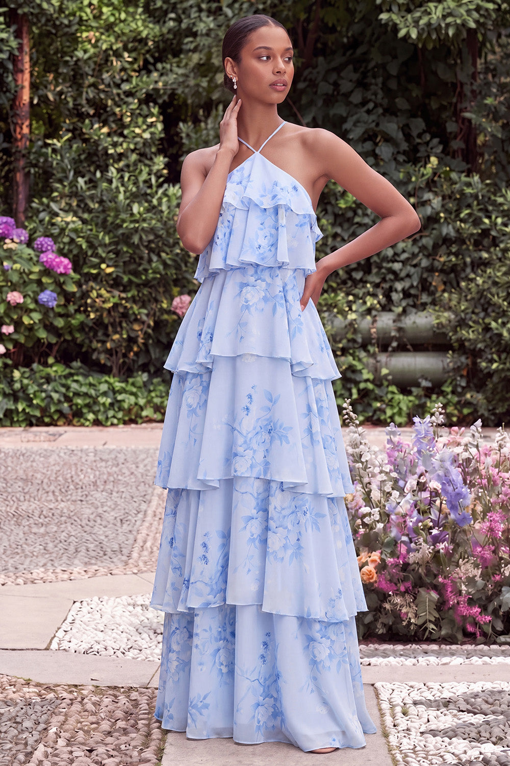 Wedtrend Women Blue Flower Wedding Guest Dress Ruffled Tiered A Line