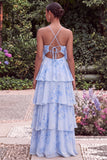 Blue Flower A Line Tiered Long Wedding Guest Dress