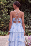 Blue Flower A Line Tiered Long Wedding Guest Dress