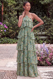 Blue Flower A Line Tiered Long Wedding Guest Dress