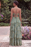 Blue Flower A Line Tiered Long Wedding Guest Dress