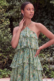 Blue Flower A Line Tiered Long Wedding Guest Dress