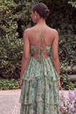 Blue Flower A Line Tiered Long Wedding Guest Dress