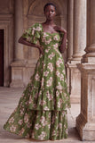 Green Flower A Line Ruched Long Wedding Guest Dress with Flutter Sleeves