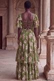 Green Flower A Line Ruched Long Wedding Guest Dress with Flutter Sleeves