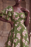 Green Flower A Line Ruched Long Wedding Guest Dress with Flutter Sleeves