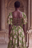Green Flower A Line Ruched Long Wedding Guest Dress with Flutter Sleeves