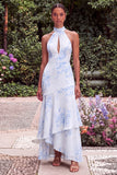 Floral High Neck Keyhole Sage Wedding Guest Dress with Sash