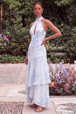 Floral High Neck Keyhole Sage Wedding Guest Dress with Sash