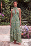 Floral High Neck Keyhole Sage Wedding Guest Dress with Sash