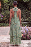 Floral High Neck Keyhole Sage Wedding Guest Dress with Sash