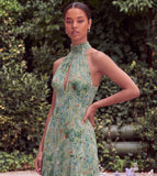 Floral High Neck Keyhole Sage Wedding Guest Dress with Sash