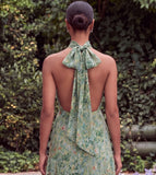 Floral High Neck Keyhole Sage Wedding Guest Dress with Sash