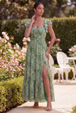 Floral A Line Slit Green Wedding Guest Dress with Ruffle Sleeves