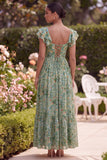 Floral A Line Slit Green Wedding Guest Dress with Ruffle Sleeves