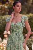 Floral A Line Slit Green Wedding Guest Dress with Ruffle Sleeves