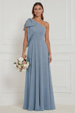 One Shoulder Dusty Sage Floral Bridesmaid Dress with Bow
