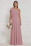One Shoulder Dusty Sage Floral Bridesmaid Dress with Bow