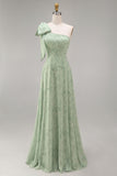 One Shoulder Dusty Sage Floral Bridesmaid Dress with Bow
