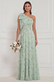 One Shoulder Dusty Sage Floral Bridesmaid Dress with Bow