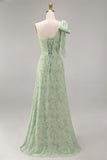 One Shoulder Dusty Sage Floral Bridesmaid Dress with Bow