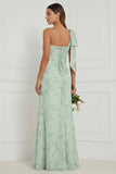 One Shoulder Dusty Sage Floral Bridesmaid Dress with Bow