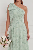One Shoulder Dusty Sage Floral Bridesmaid Dress with Bow