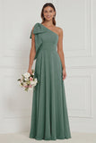 One Shoulder Dusty Sage Floral Bridesmaid Dress with Bow