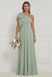 One Shoulder Dusty Sage Floral Bridesmaid Dress with Bow