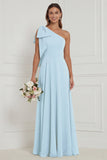 One Shoulder Dusty Sage Floral Bridesmaid Dress with Bow