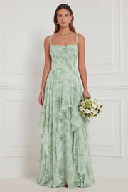 Floral Ruffled A Line Spaghetti Straps Dusty Sage Bridesmaid Dress