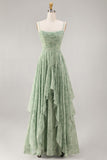 Floral Ruffled A Line Spaghetti Straps Dusty Sage Bridesmaid Dress