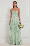 Floral Ruffled A Line Spaghetti Straps Dusty Sage Bridesmaid Dress