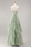 Floral Ruffled A Line Spaghetti Straps Dusty Sage Bridesmaid Dress