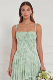 Floral Ruffled A Line Spaghetti Straps Dusty Sage Bridesmaid Dress
