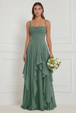 Floral Ruffled A Line Spaghetti Straps Dusty Sage Bridesmaid Dress