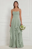 Floral Ruffled A Line Spaghetti Straps Dusty Sage Bridesmaid Dress