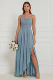 Dusty Sage Spaghetti Straps Ruffled Asymmetrical Floral Bridesmaid Dress