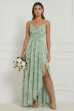 Dusty Sage Spaghetti Straps Ruffled Asymmetrical Floral Bridesmaid Dress
