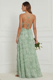 Dusty Sage Spaghetti Straps Ruffled Asymmetrical Floral Bridesmaid Dress