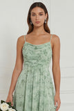 Dusty Sage Spaghetti Straps Ruffled Asymmetrical Floral Bridesmaid Dress