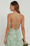 Dusty Sage Spaghetti Straps Ruffled Asymmetrical Floral Bridesmaid Dress