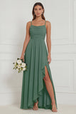 Dusty Sage Spaghetti Straps Ruffled Asymmetrical Floral Bridesmaid Dress