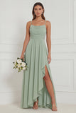 Dusty Sage Spaghetti Straps Ruffled Asymmetrical Floral Bridesmaid Dress