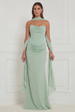 Strapless Floral Dusty Sage Bridesmaid Dress with Scarf